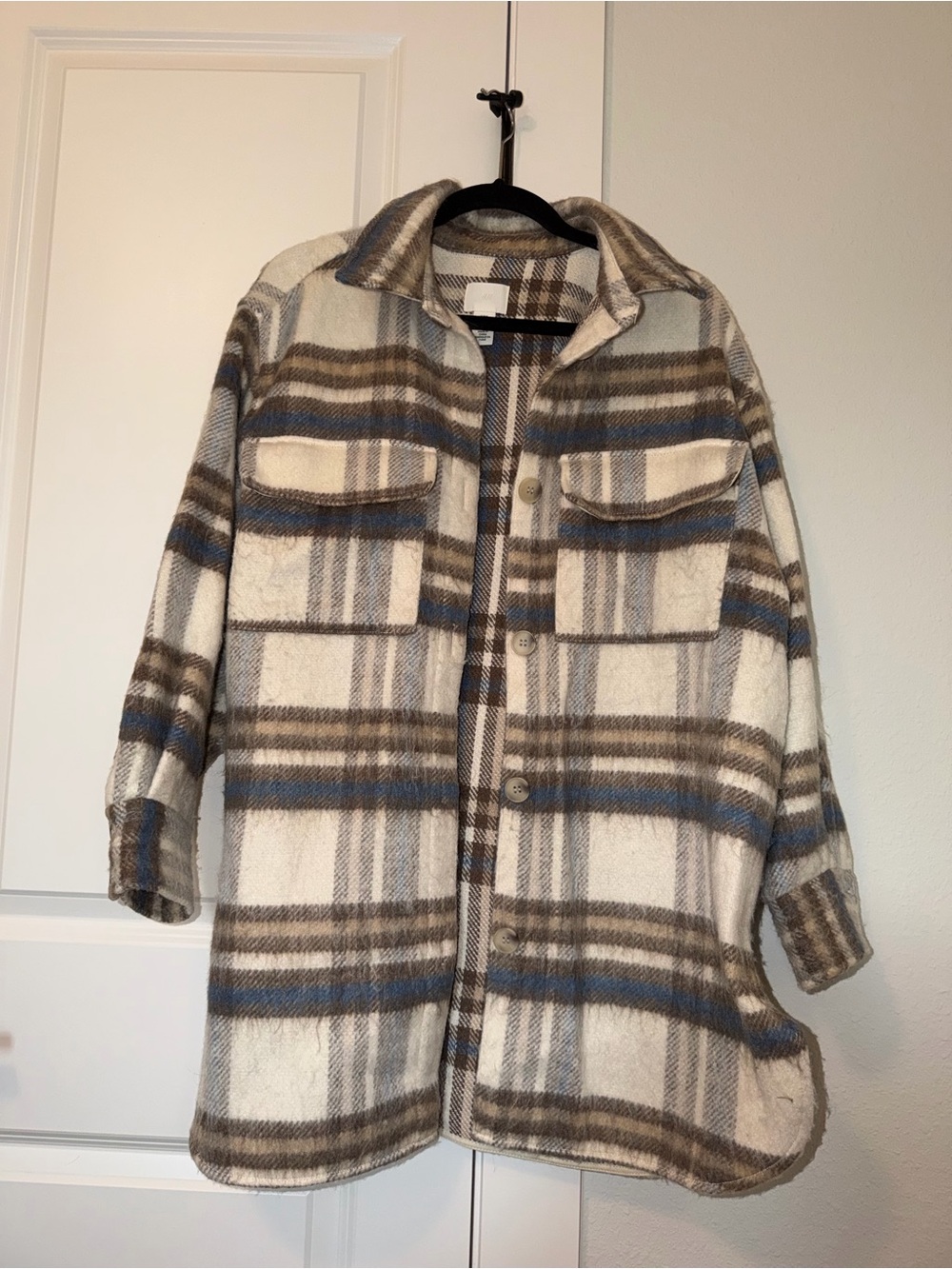 H&M Plaid Utility Shacket in Cream, Brown and Blue